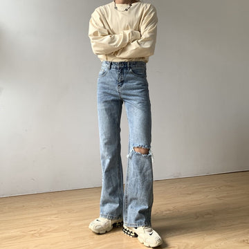 Men Broken Hole Small Boot Cut Casual Denim Pant Male Streetwear Hip Hop Vintage Fashion Loose Jeans Trousers aidase-shop